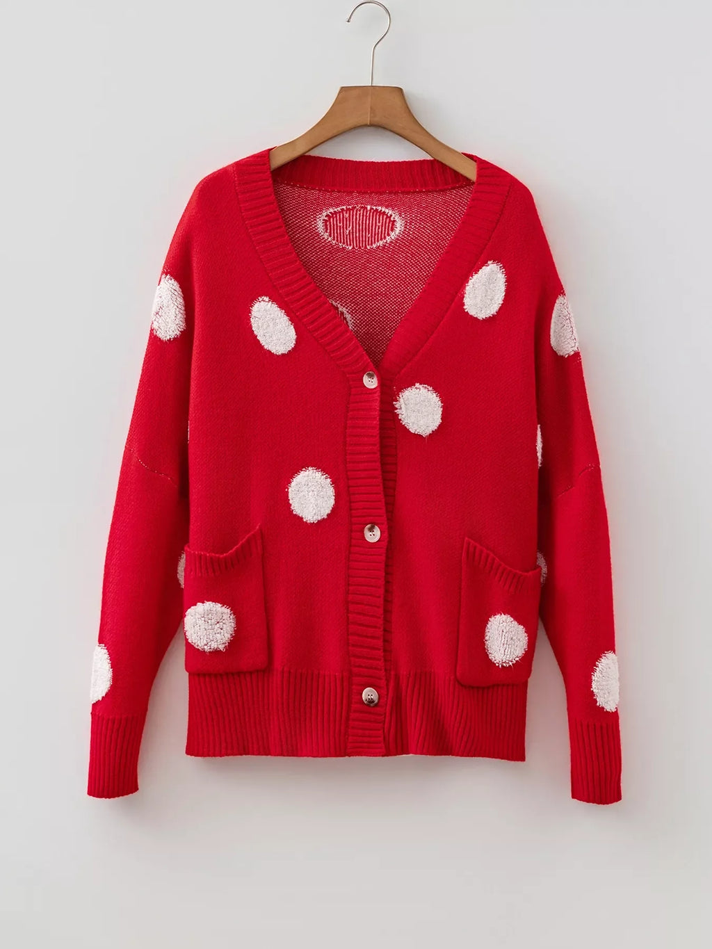 Polka Dot Button Front Oversized V Neck Cardigan