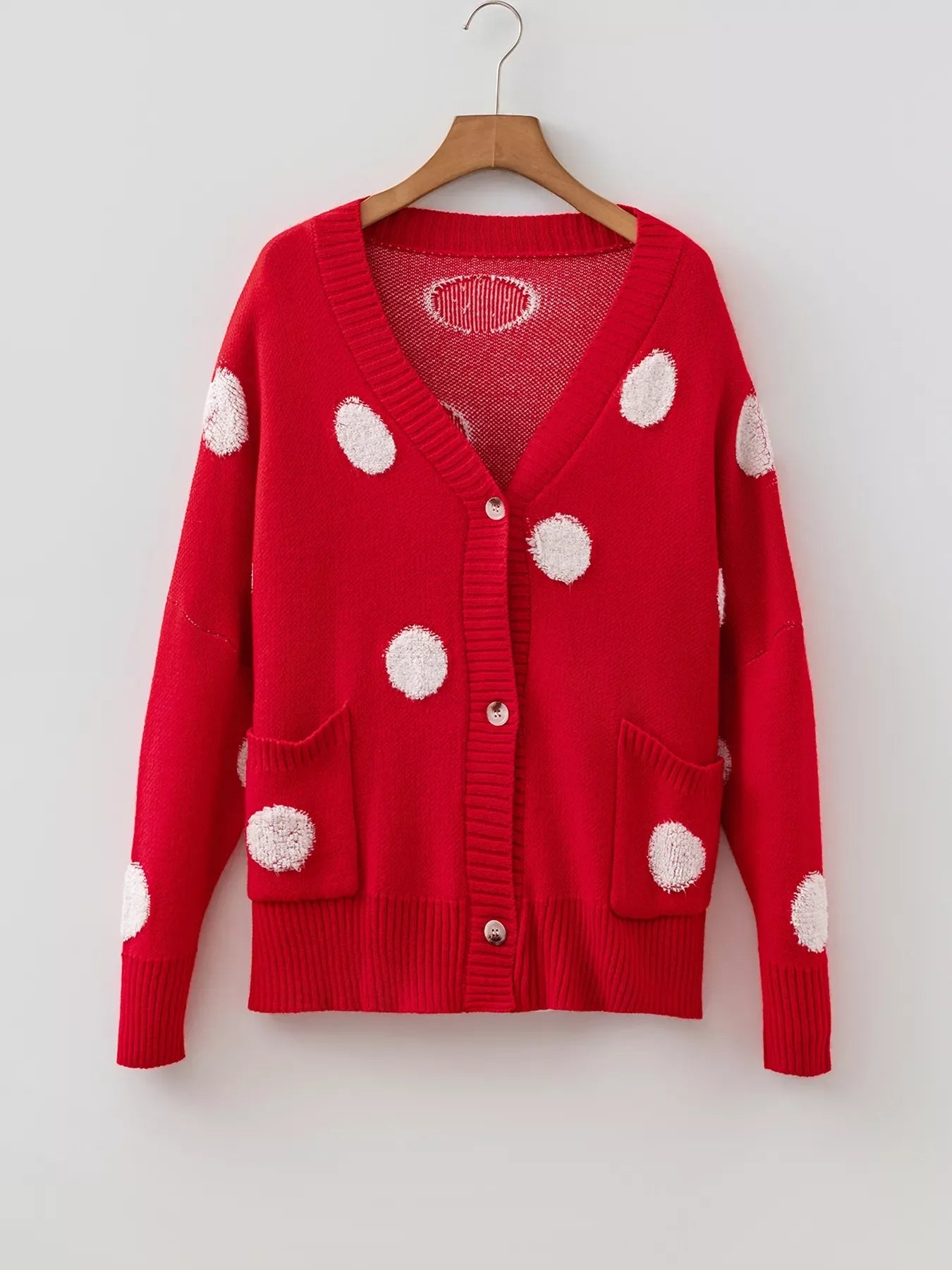 Polka Dot Button Front Oversized V Neck Cardigan