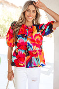 Red Abstract Floral Print Front Tied Puff Sleeve Babydoll Blouse