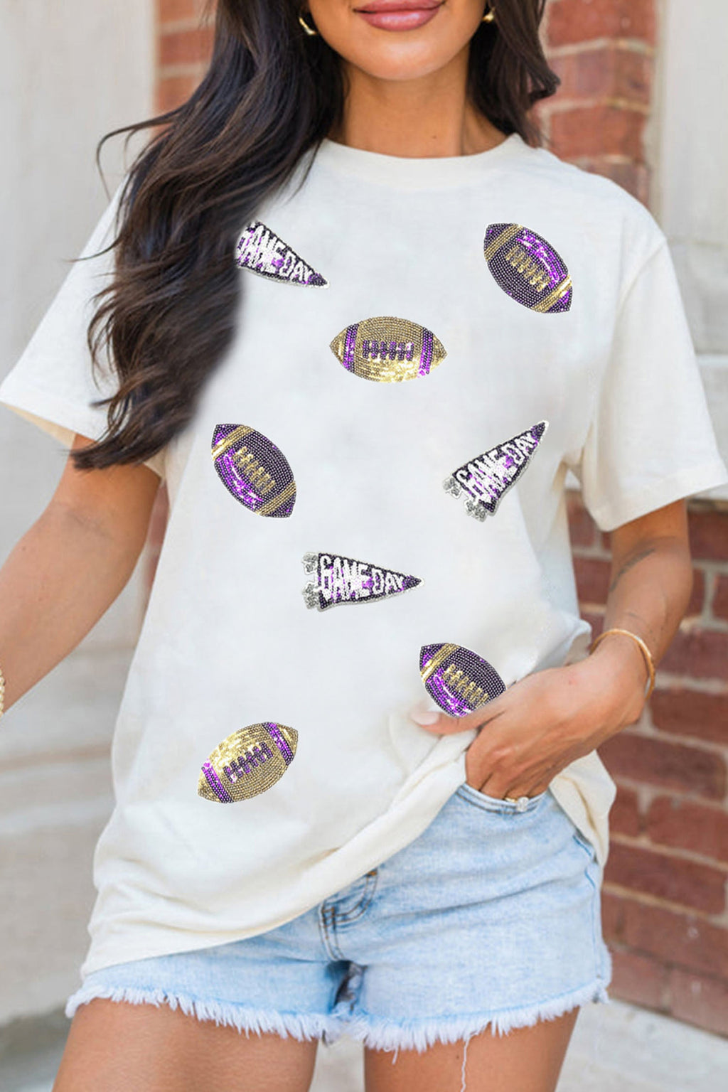 White Sequin Game Day Football Print T-Shirt
