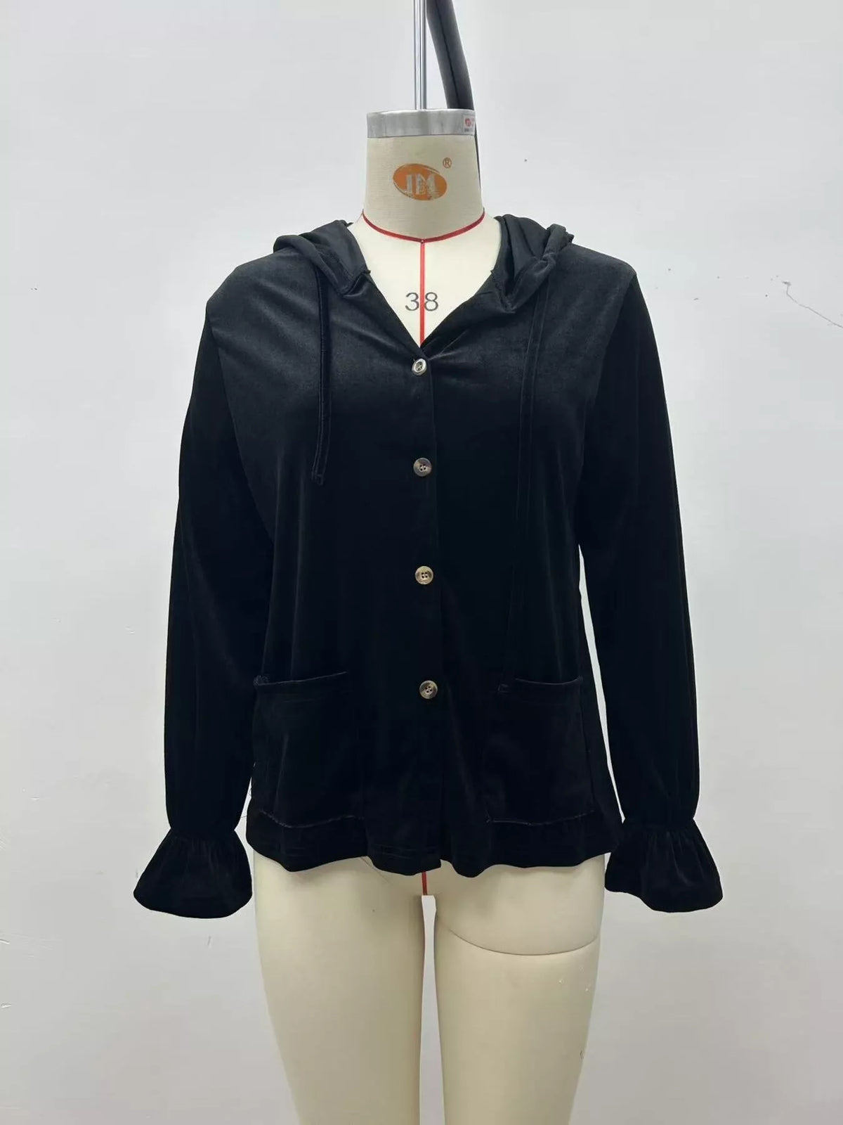 Full Size Velvet Button-Down Hooded Outerwear Plus Size