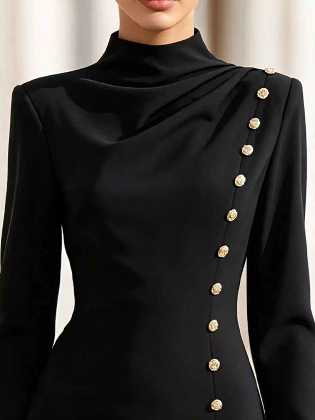 Mock Neck Long-Sleeve Bodycon Dress with Gold-Tone Button Detailing