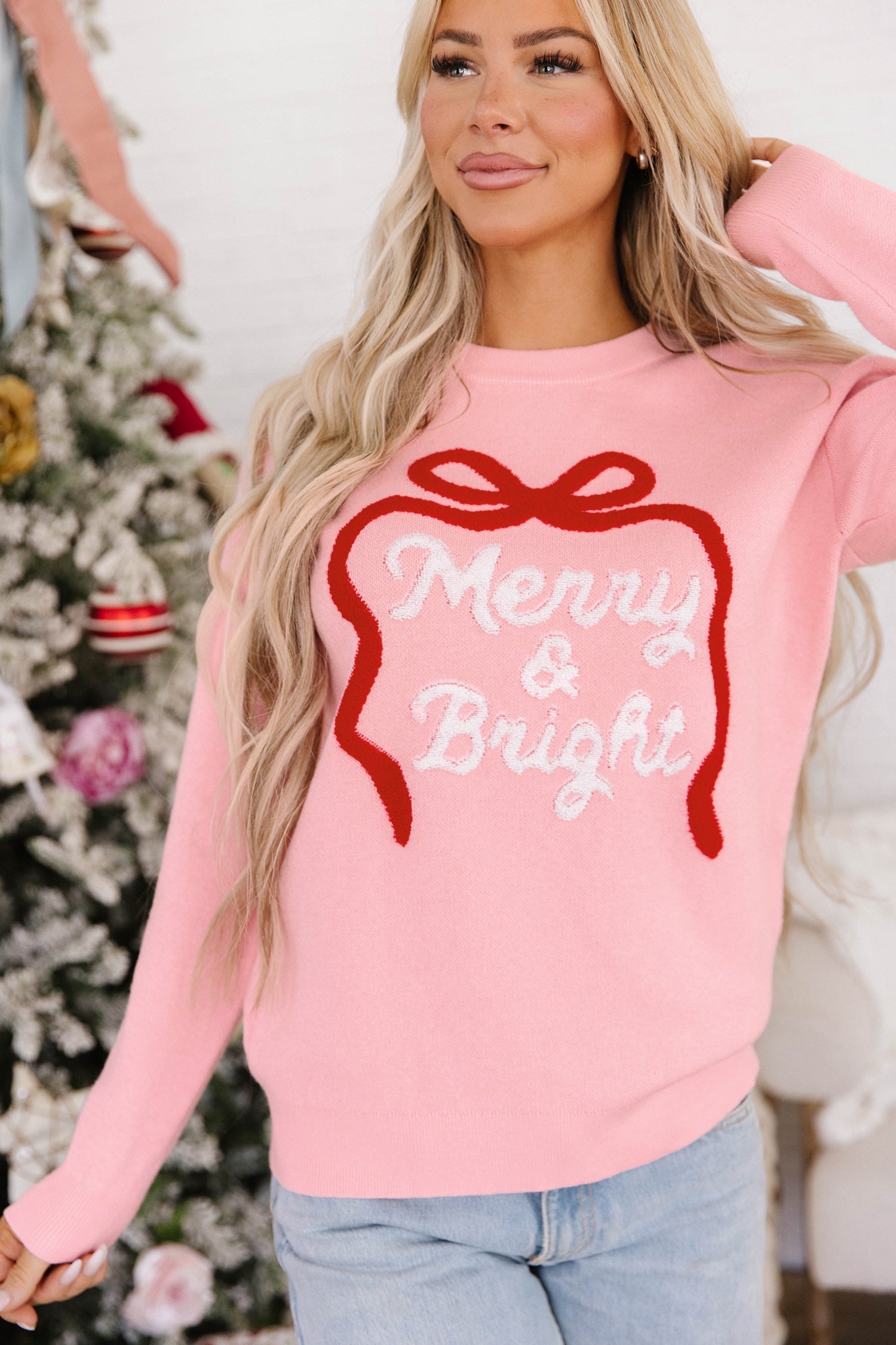 Gossamer Pink Drop Shoulder Round Neck Towel Embroidery Slogan Pullover Sweater