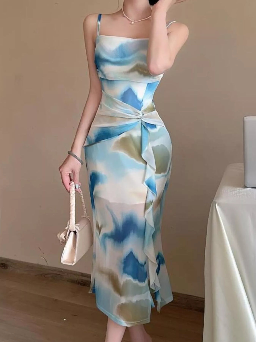 Abstract Watercolor Print Ruched Midi Dress