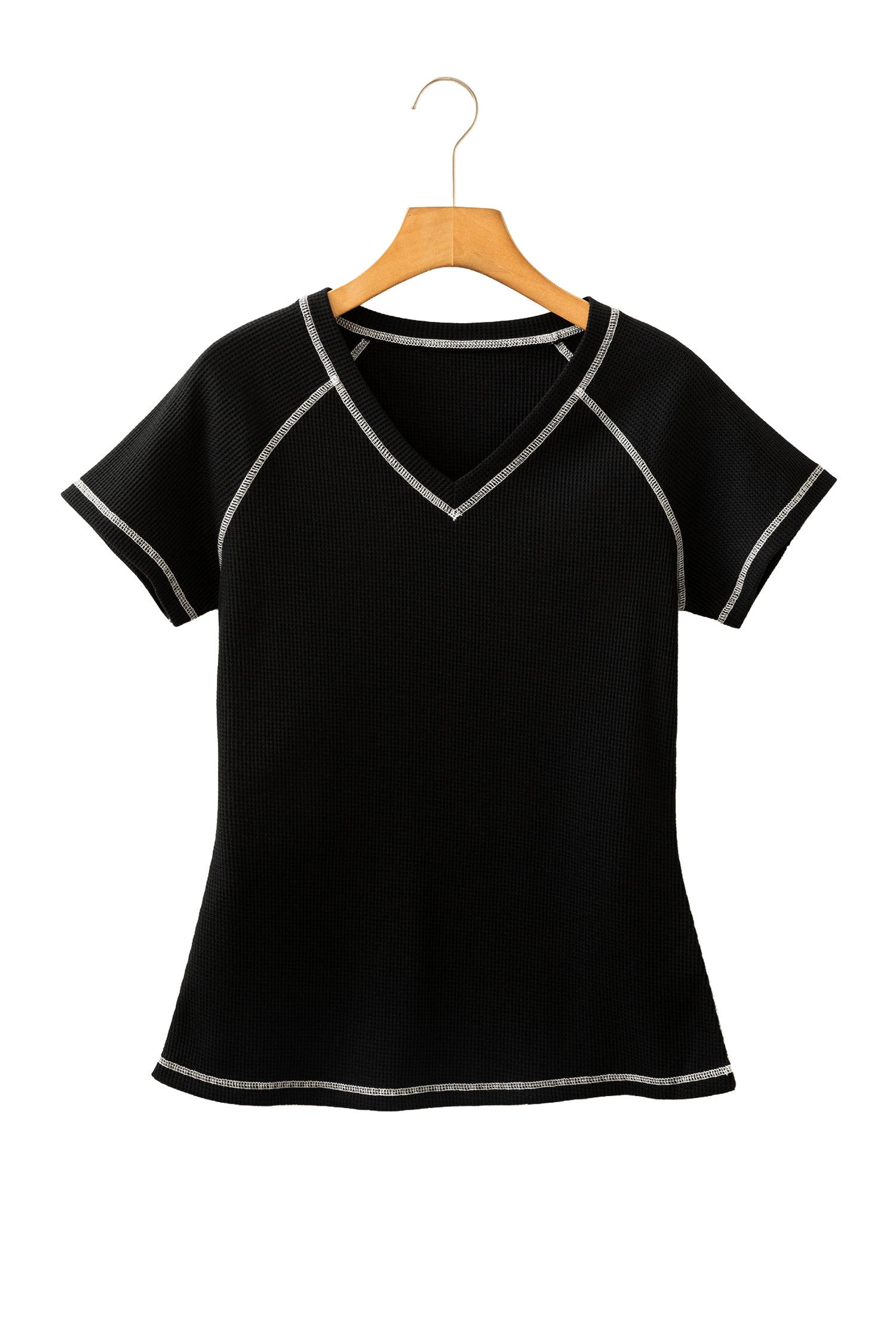 Black Waffle Textured Contrast Trim V Neck Tee