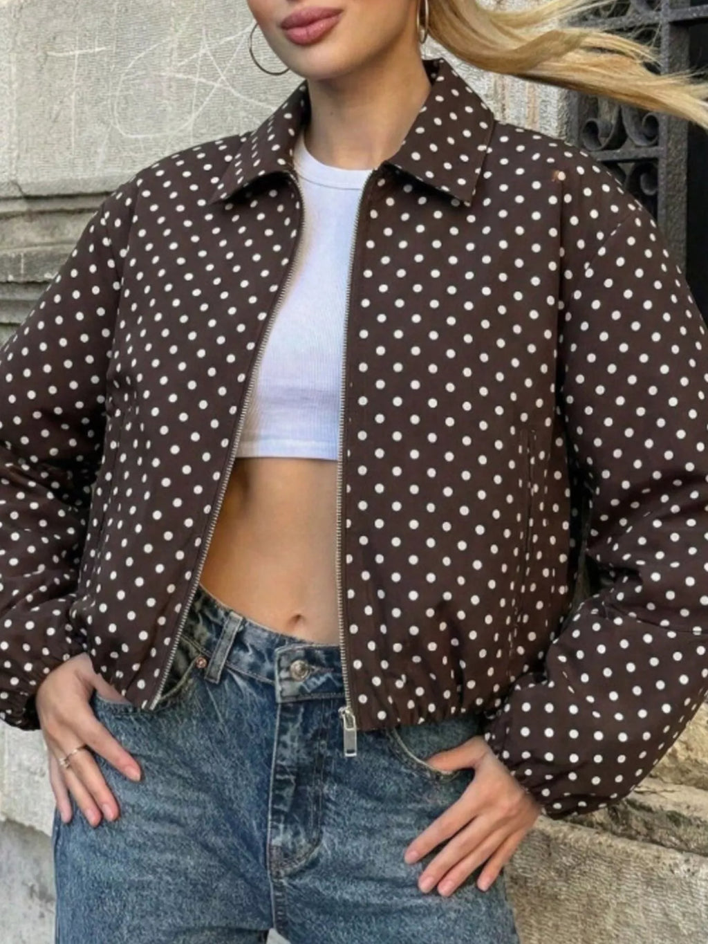 Polka Dot Casual Zip-Up Jacket