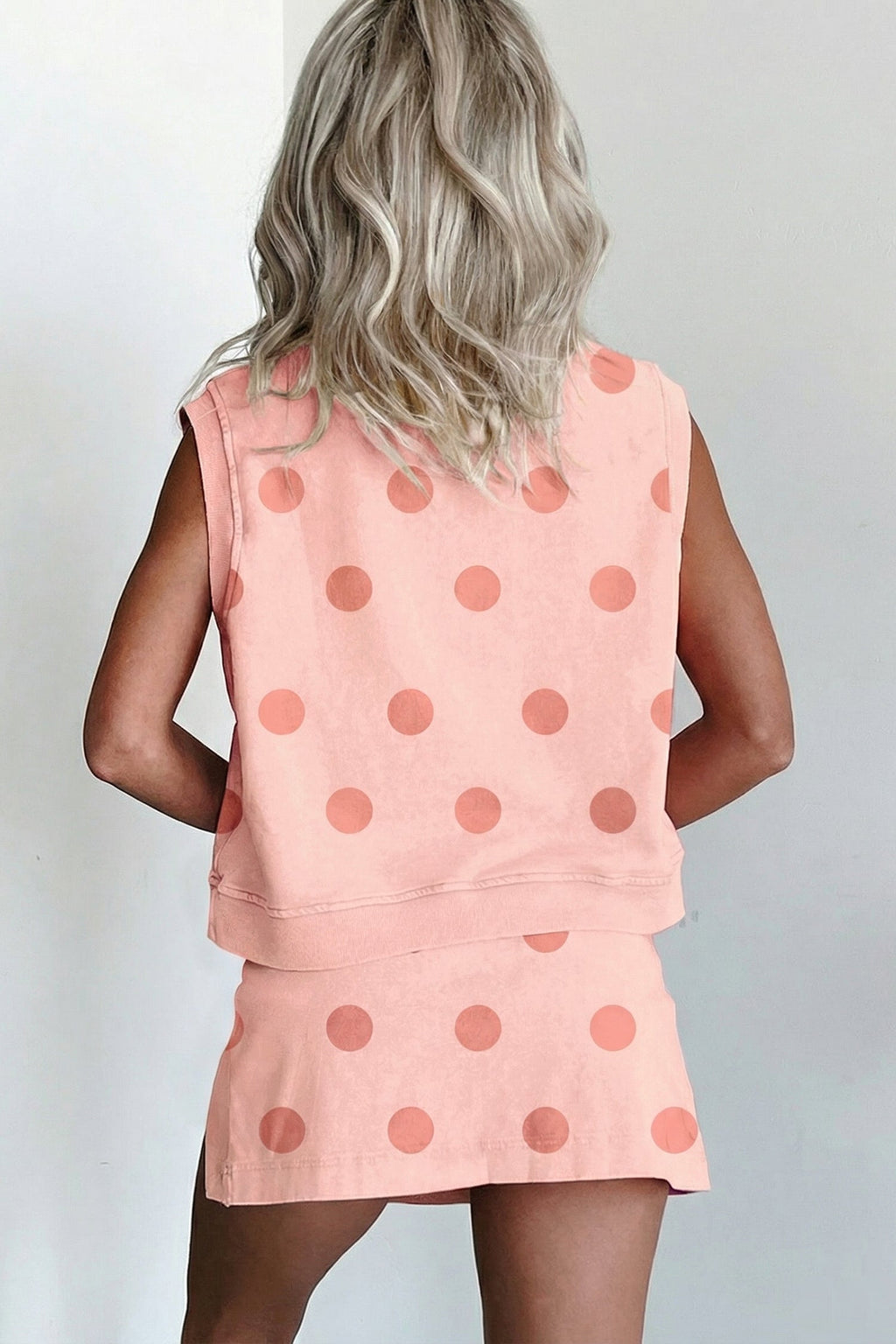 Pink Ribbed Trim Polka Dot Print Tank Split Mini Skort 2pcs Set