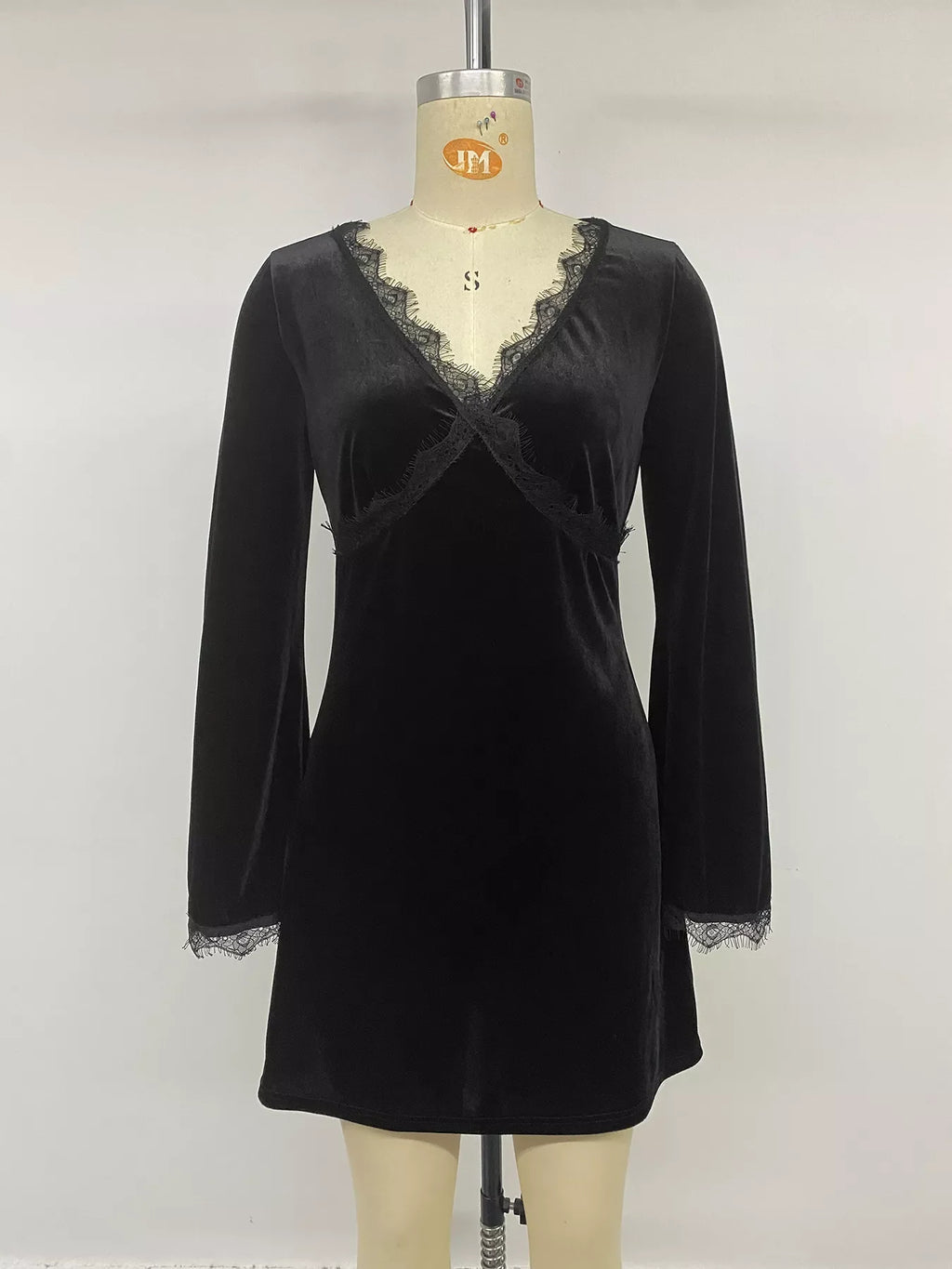 Velvet Lace Trim V-Neck Mini Dress
