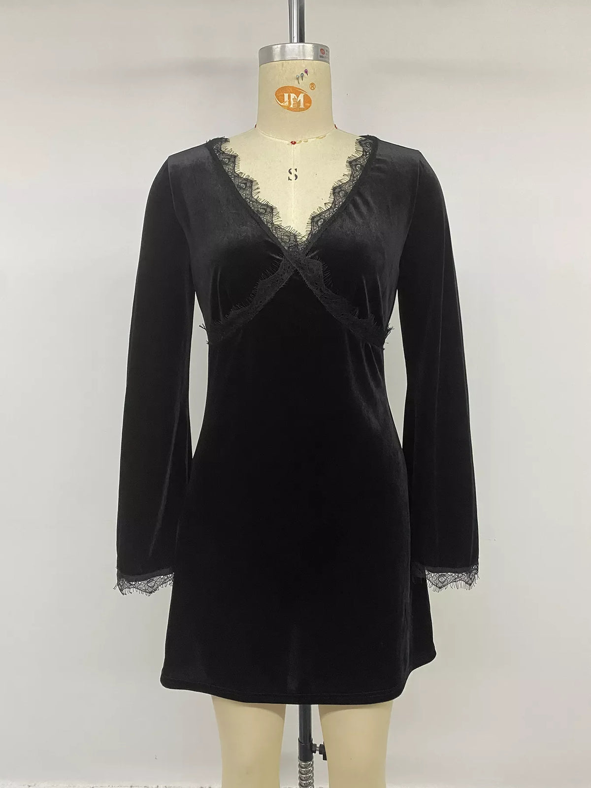 Velvet Lace Trim V-Neck Mini Dress