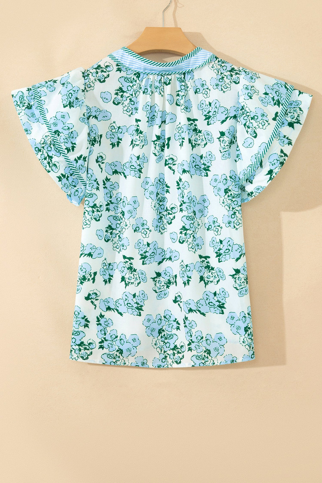 Green Floral Meets Stripes V Neck Flutter Sleeve Blouse