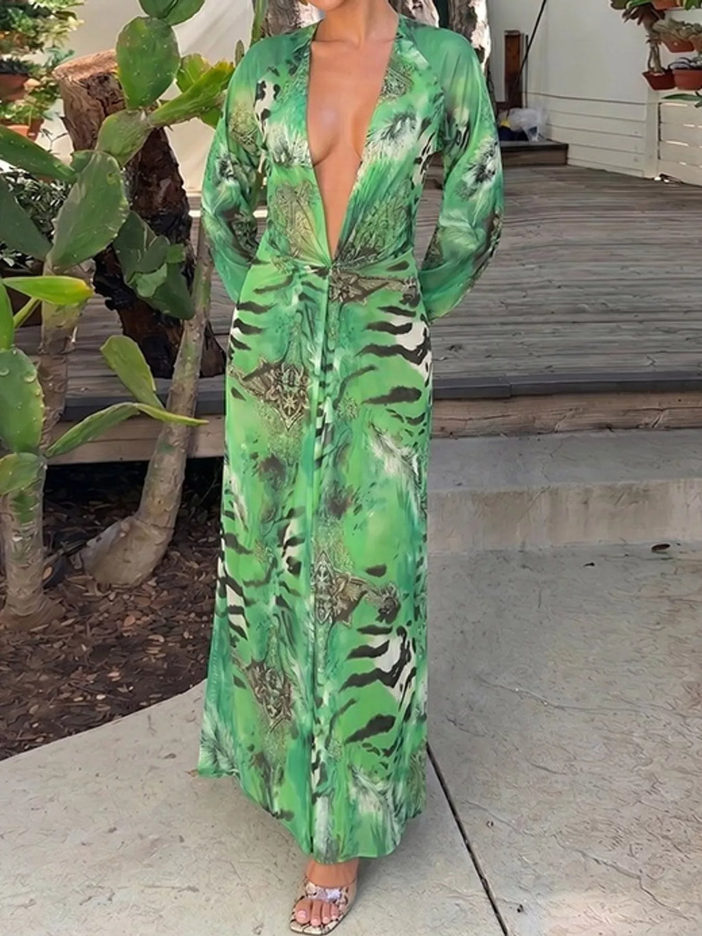 Deep V-Neck Long Sleeve Printed Maxi Dress