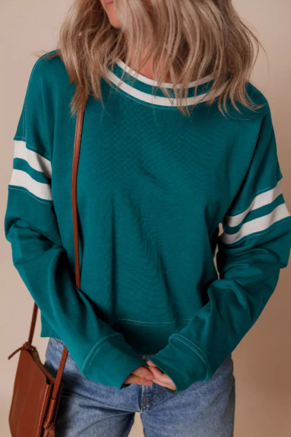 Contrast Striped Patchwork Round Neck Drop Shoulder Sweatshirt