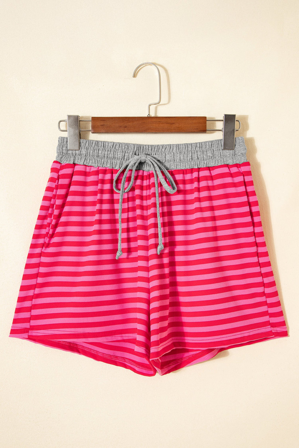Rose Stripe Contrast Elastic Waist Casual Ribbed Shorts