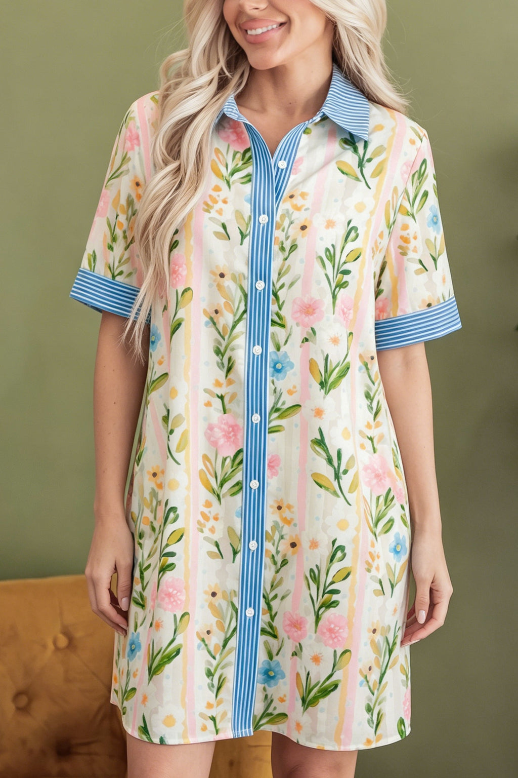 Multicolour Floral Print Striped Trim Button Down Shift Dress