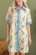 Multicolour Floral Print Striped Trim Button Down Shift Dress