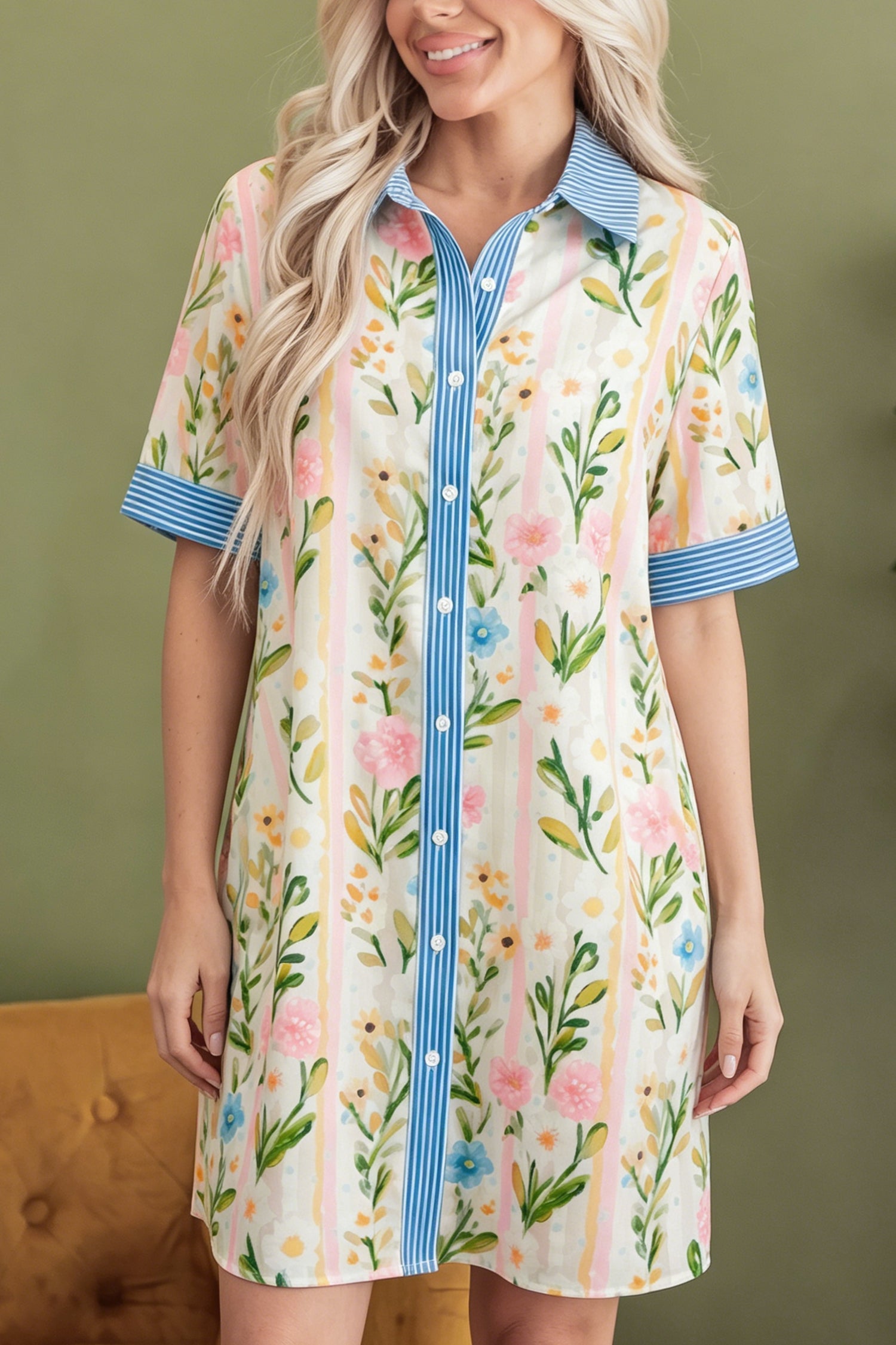 Multicolour Floral Print Striped Trim Button Down Shift Dress