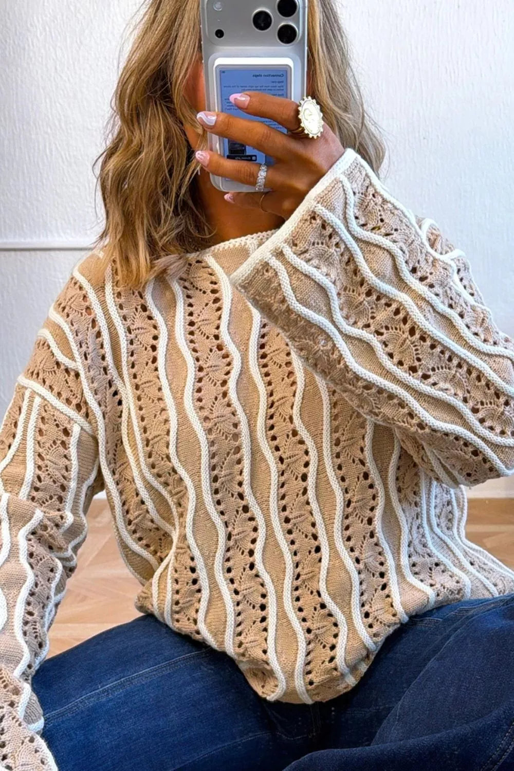 Contrast Wavy Striped Openwork Knit Top