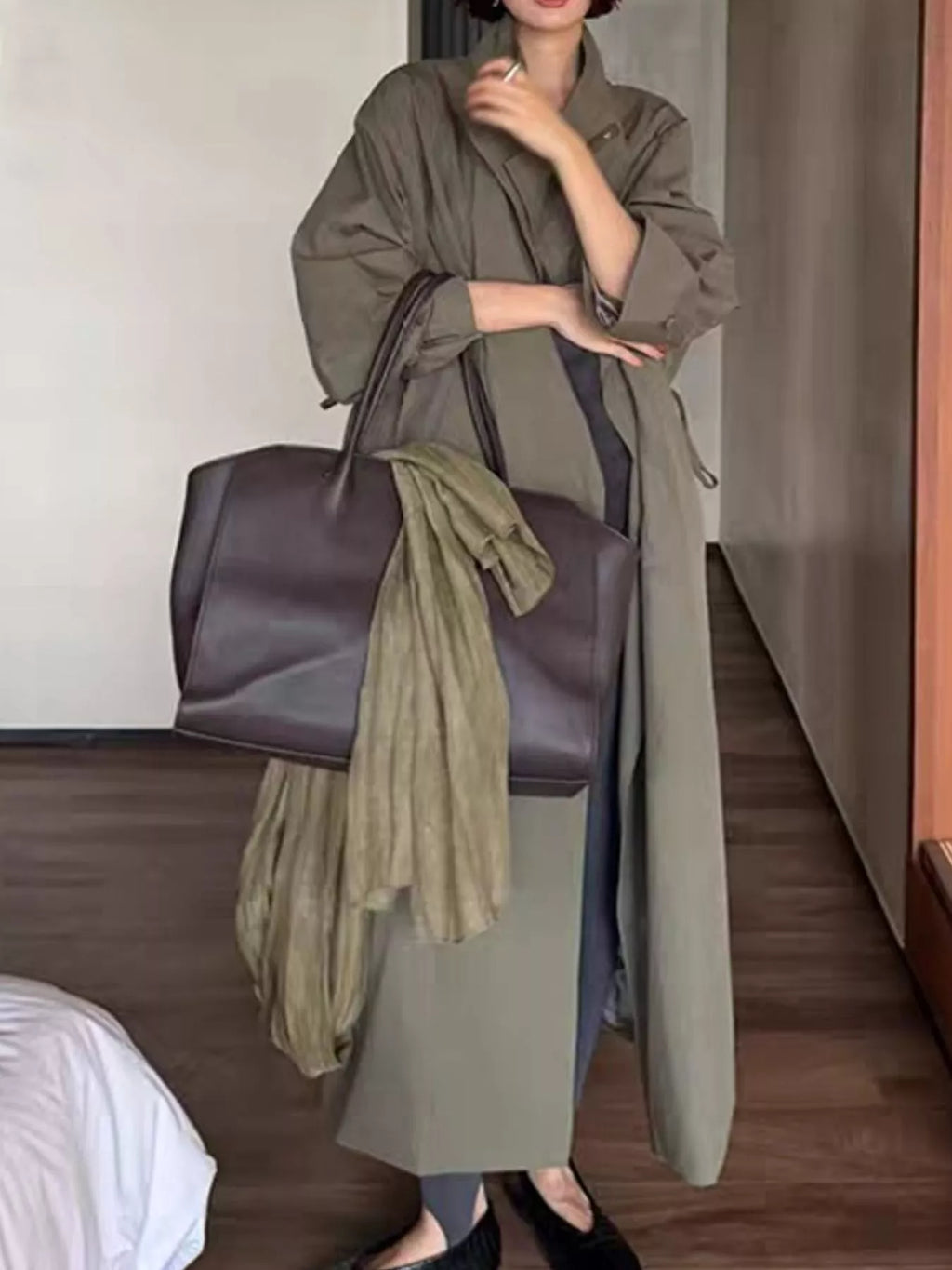 Drawstring Open Front Longline Trench Coat