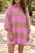 Rose Stripe Striped Button Long Sleeve Short Shift Dress