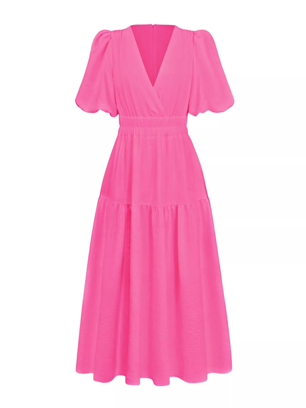 Elegant Puff Sleeve V-Neck Midi Dress