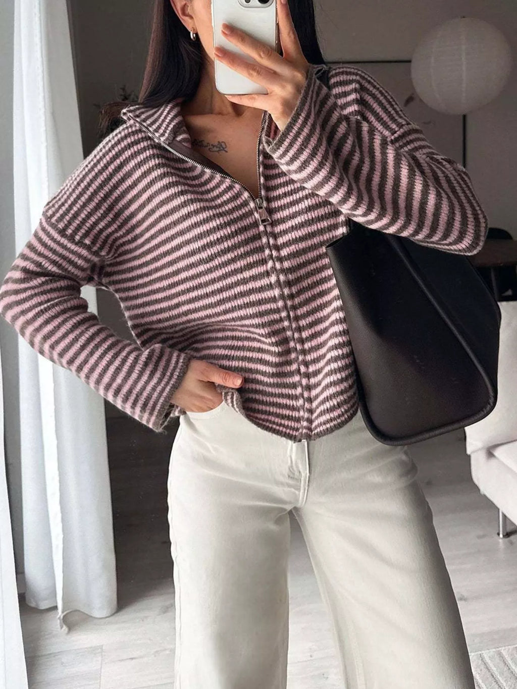 Striped Zip-Up Knit Cardigan