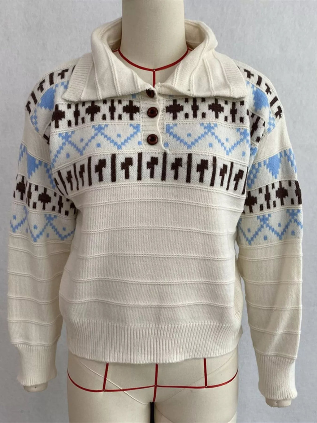 Vintage-Inspired Fair Isle Patterned Polo Sweater