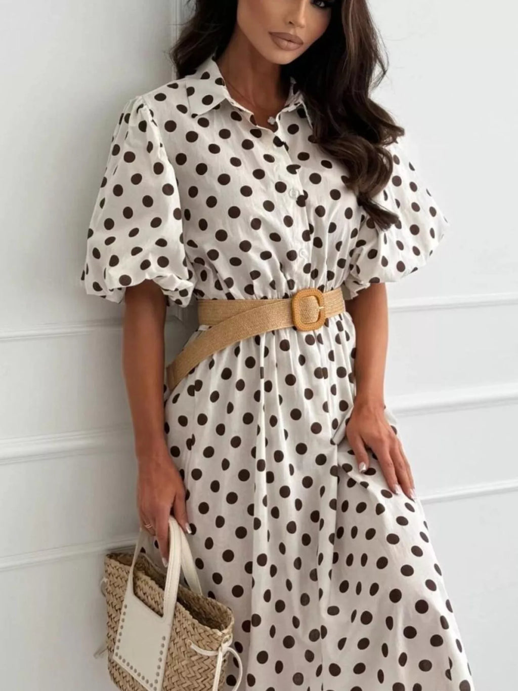 Polka Dot Puff Sleeve Midi Dress