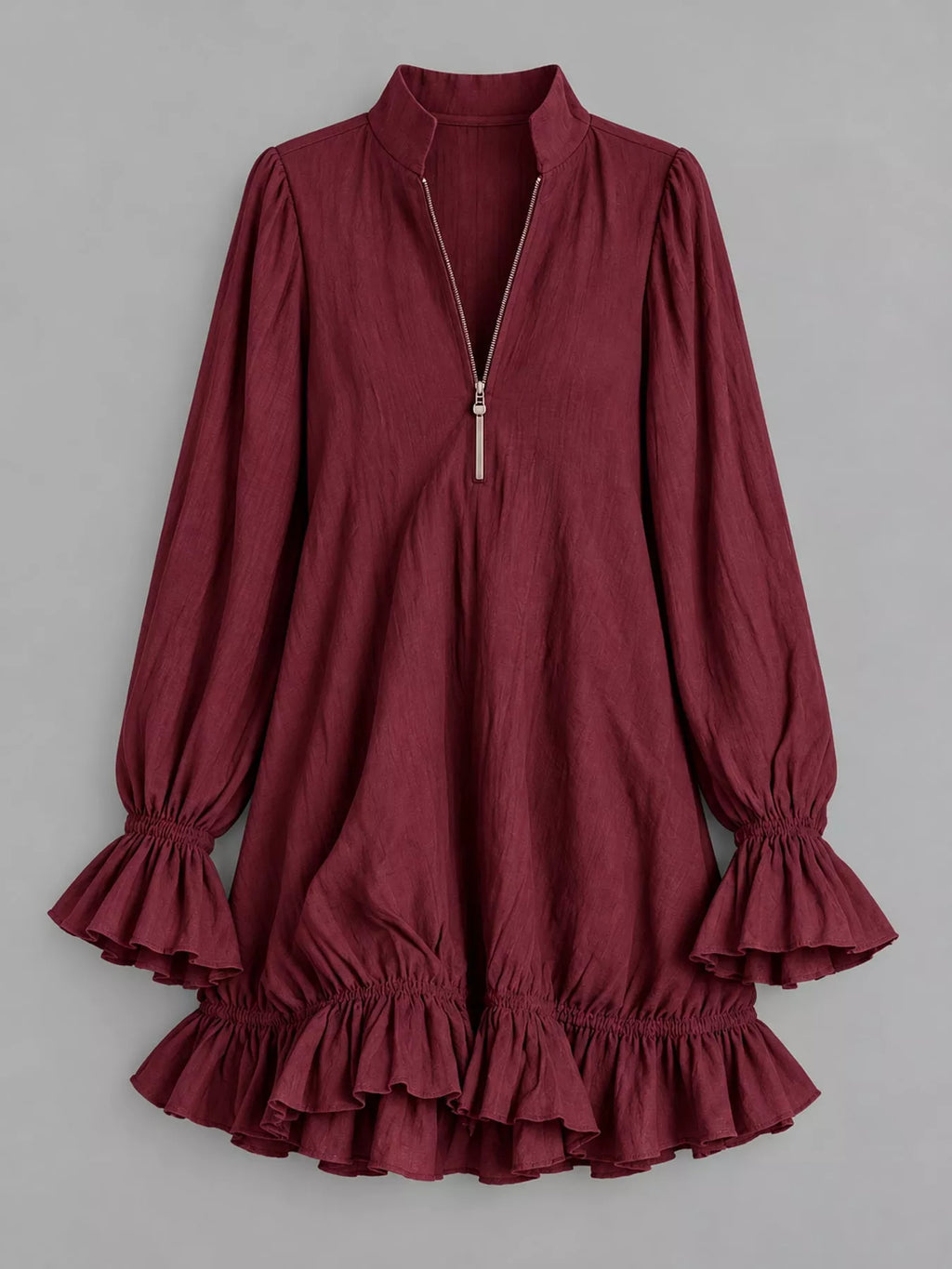 Zipper-Front Ruffle Hem Mini Dress