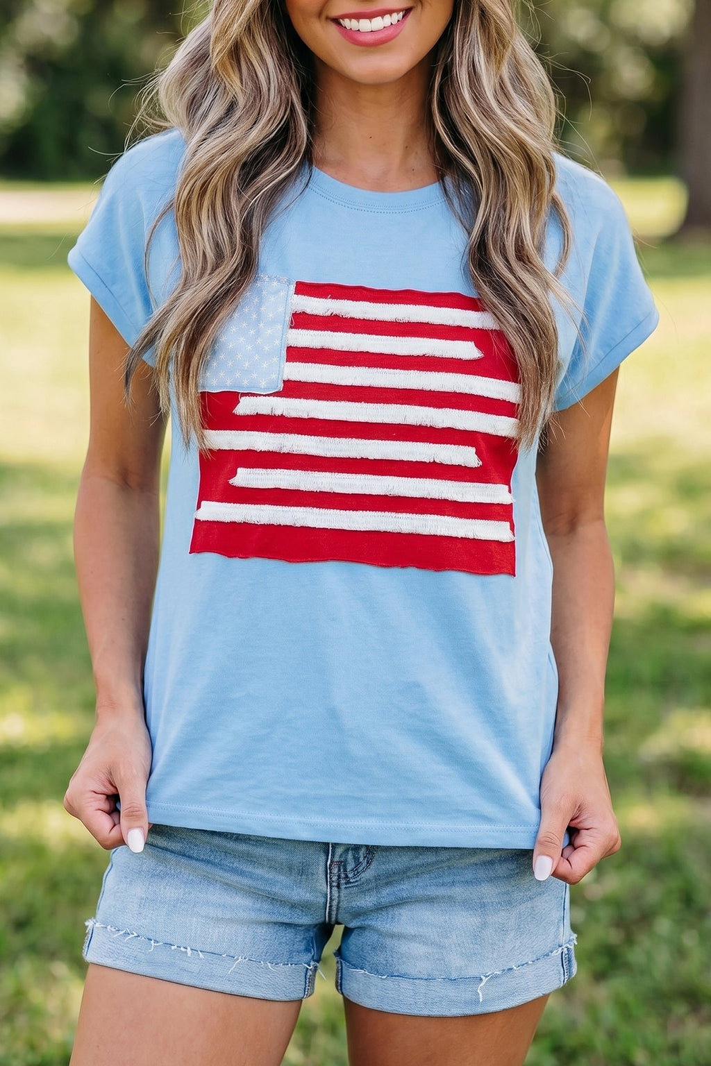 Mist Blue USA Flag Textured Patchwork Cap Sleeve Tee