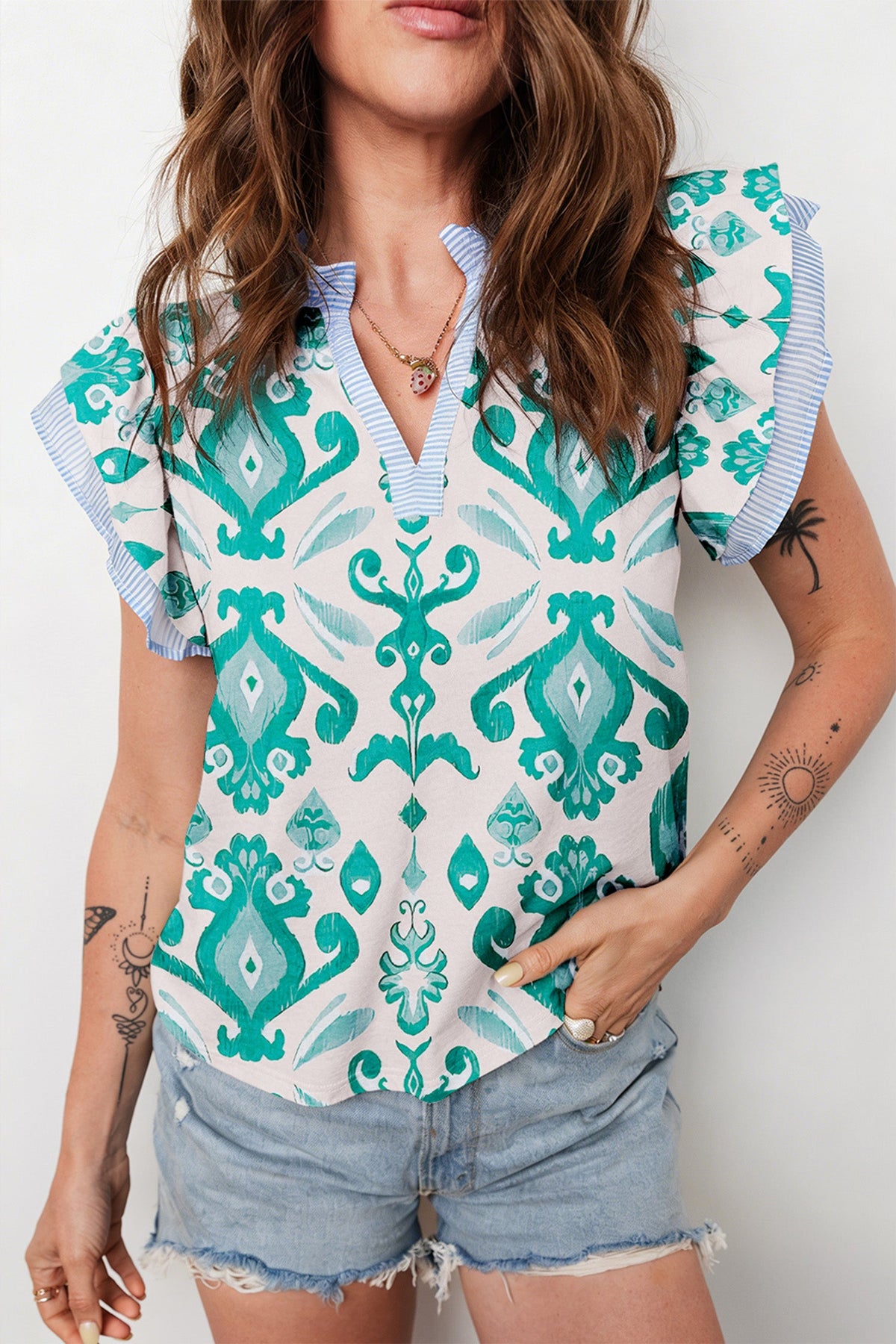 Boho Stripe Trim Flutter Sleeve Top