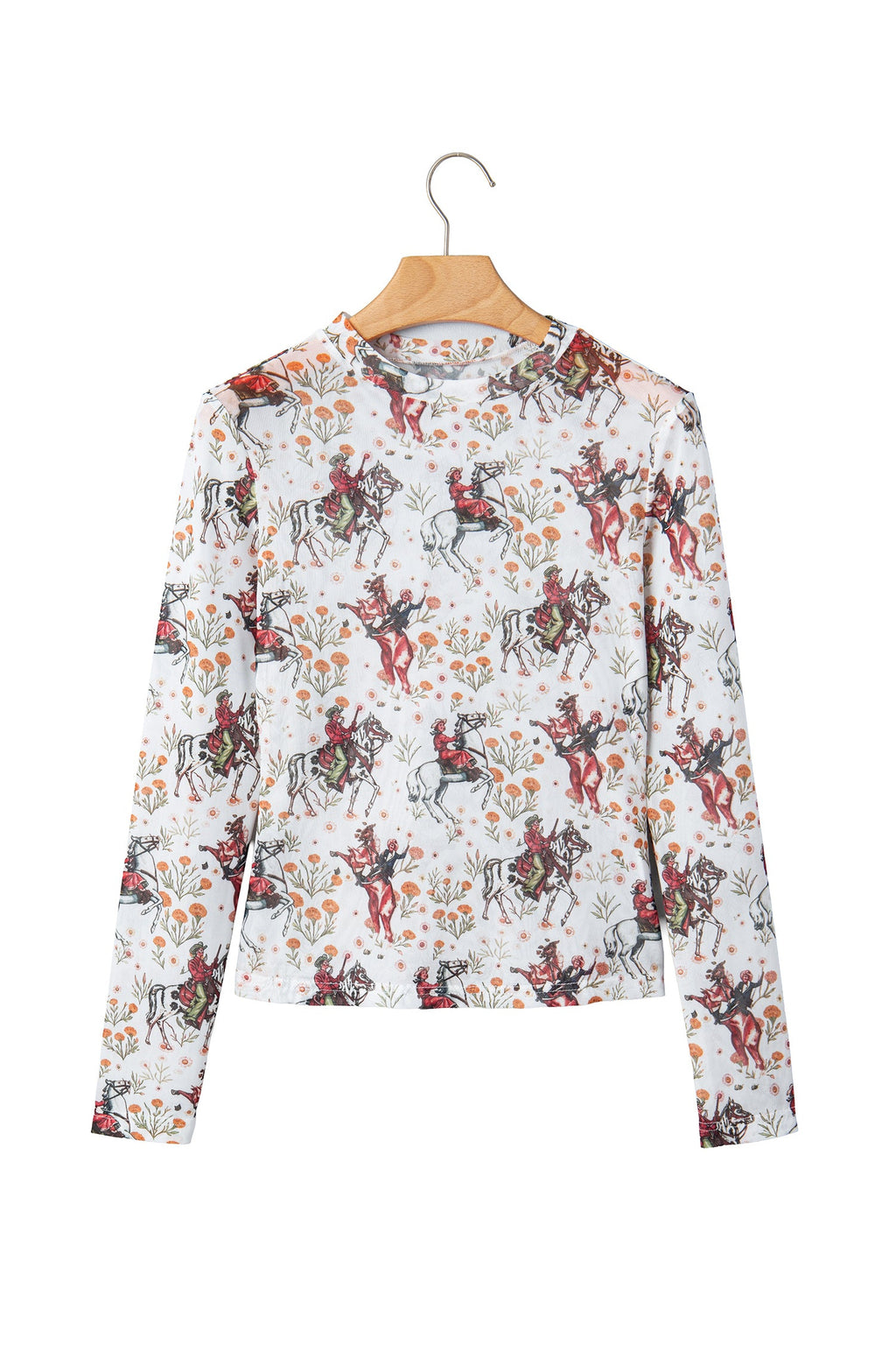 Beige Western Cowboy Floral Print Sheer Mesh Long Sleeve Top