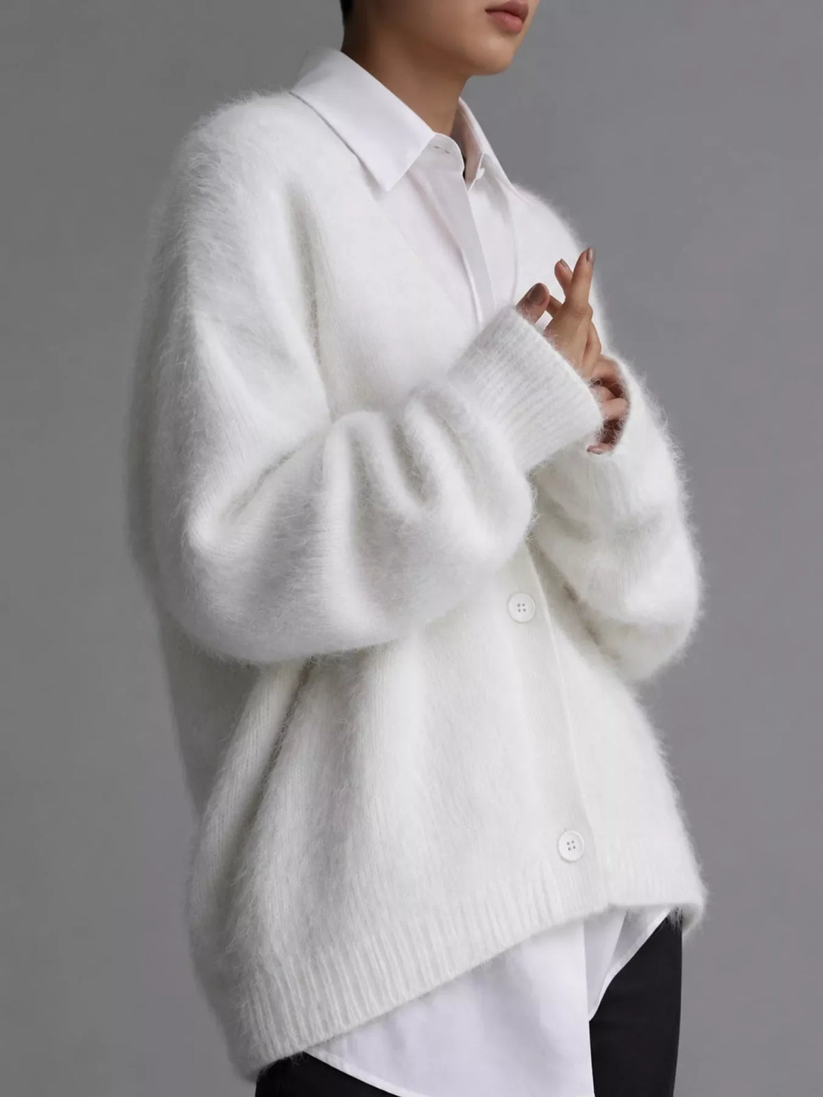 Fuzzy V-Neck Button-Down Cardigan