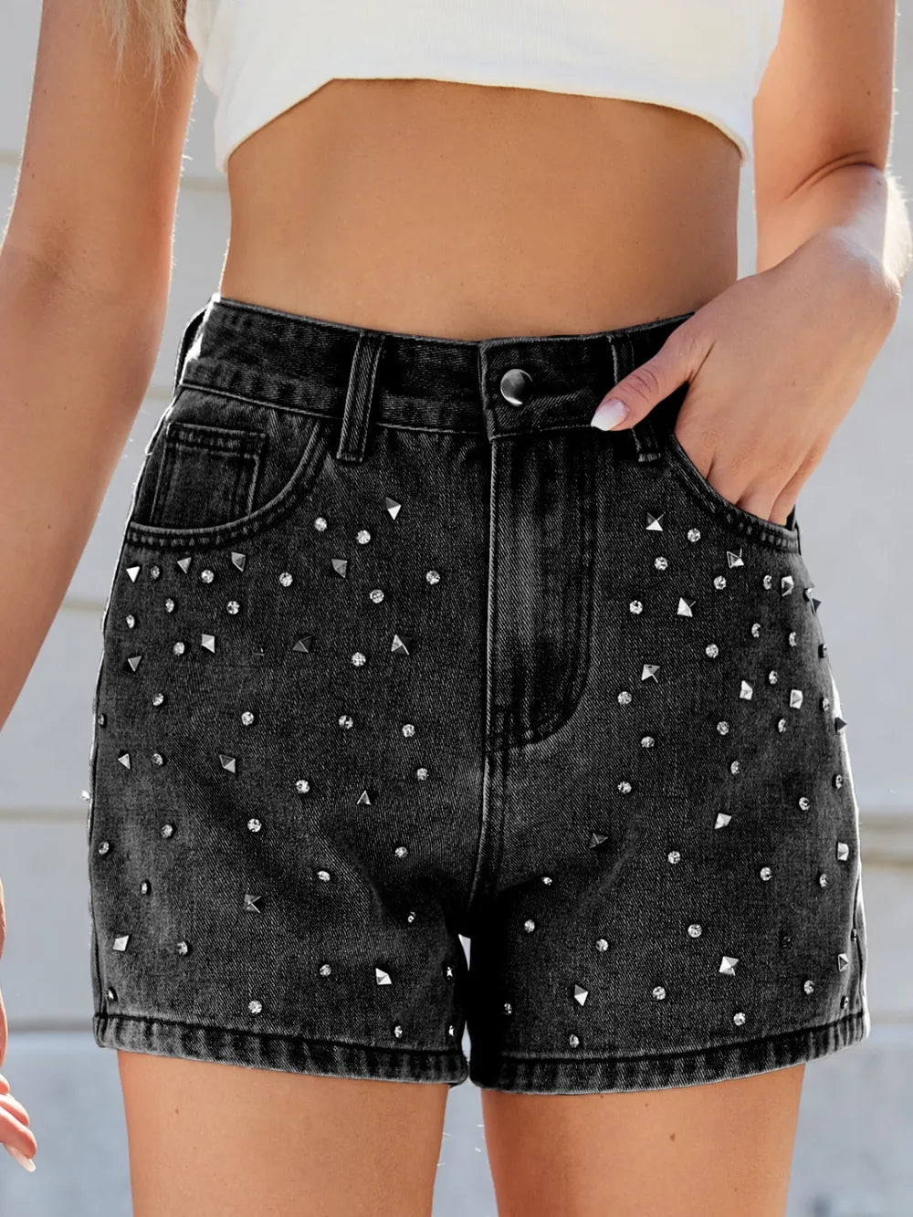 Rhinestone Washed High-Waist Denim Shorts