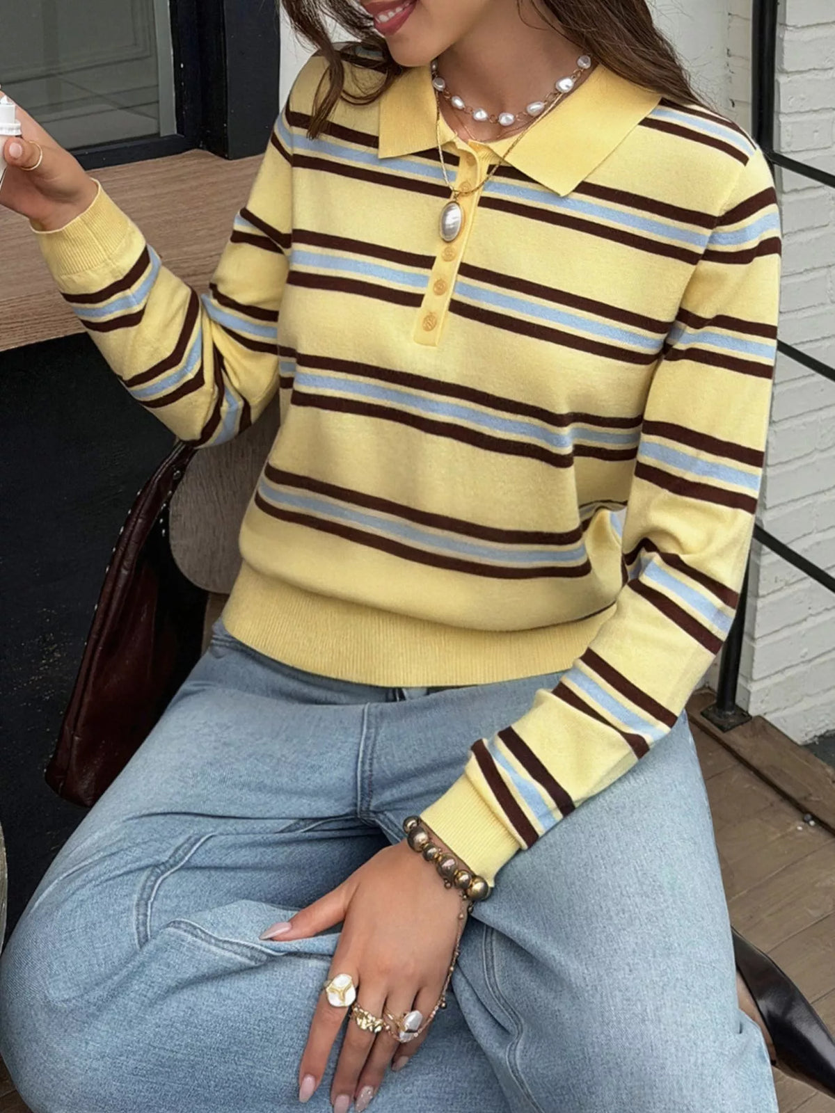 Striped Polo Collar Knit Top