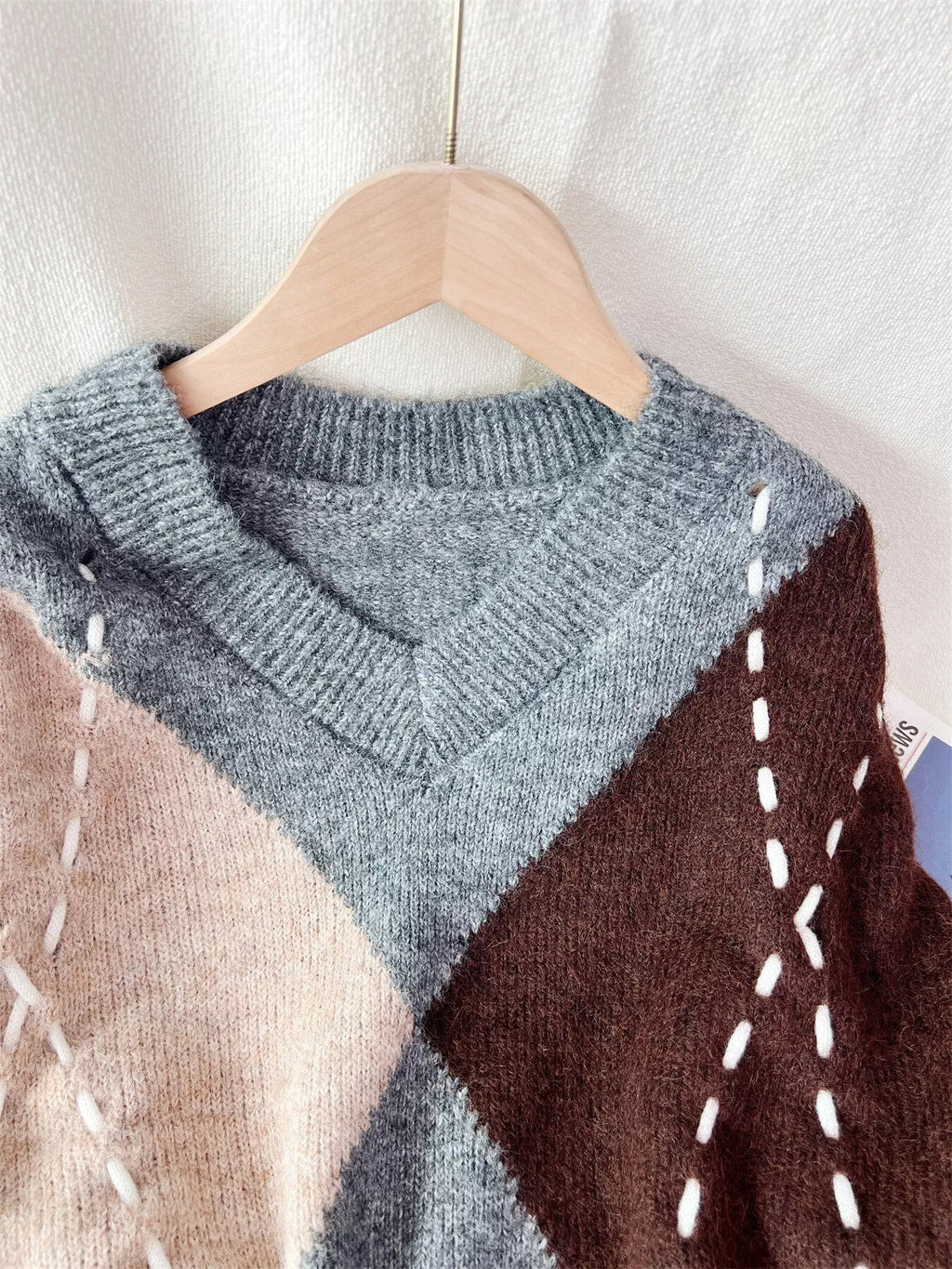 Argyle Pattern V-Neck Oversized Sweater
