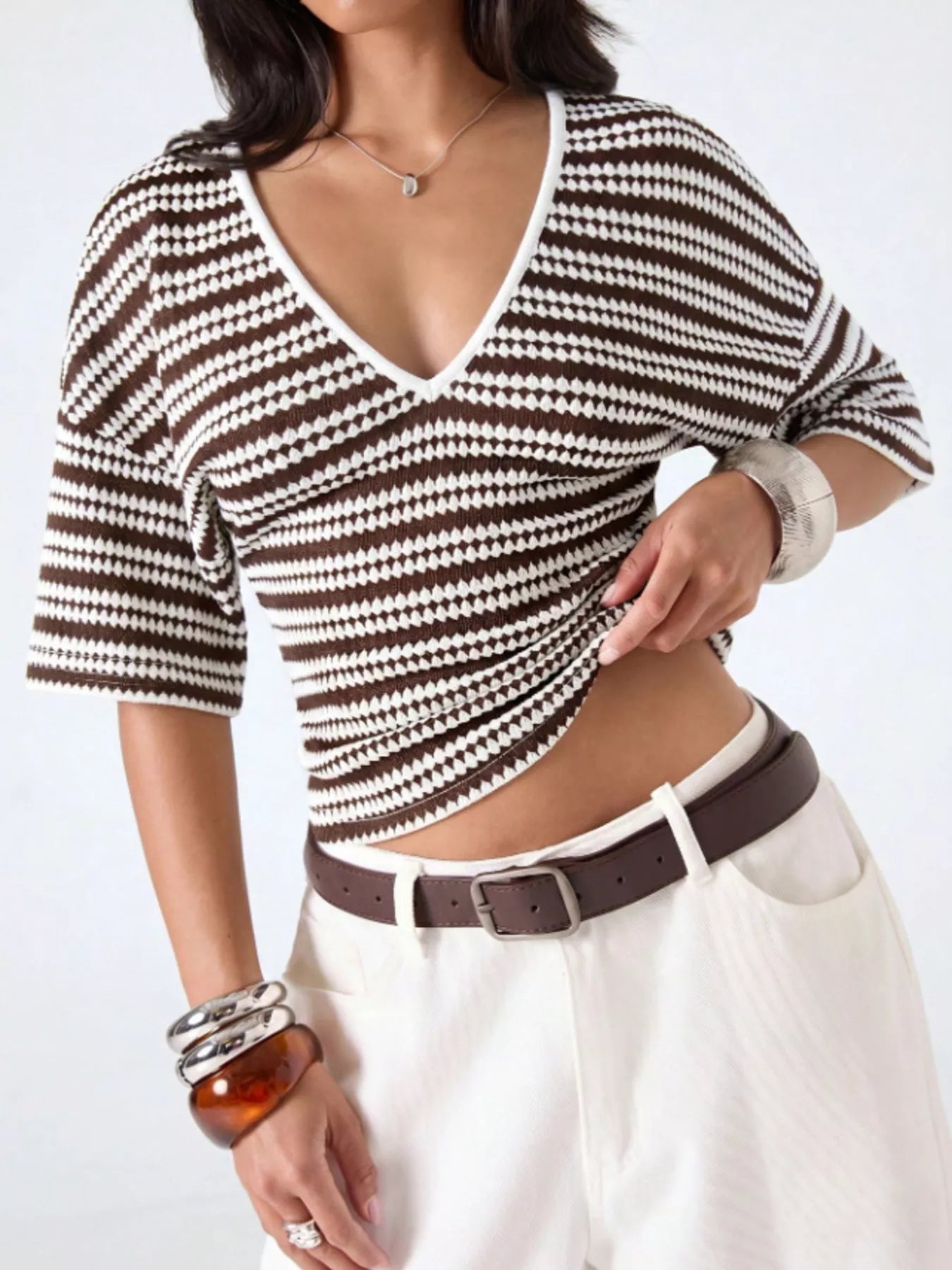 Striped V-Neck Knit Top