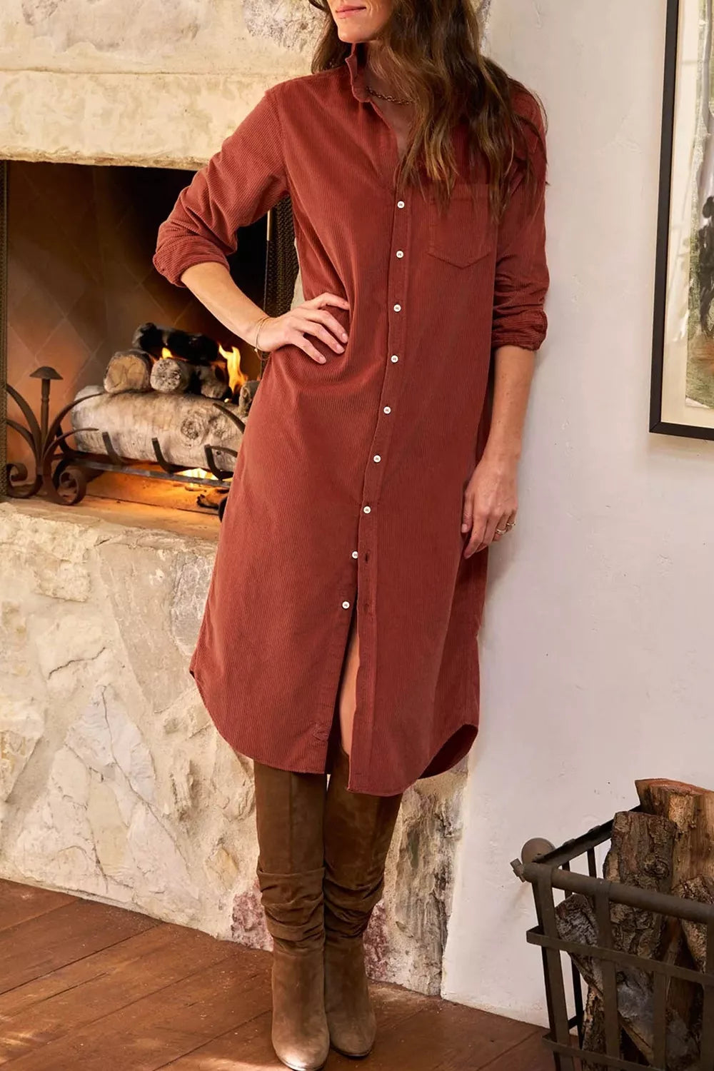 Long Sleeve Button Down Corduroy Midi Dress