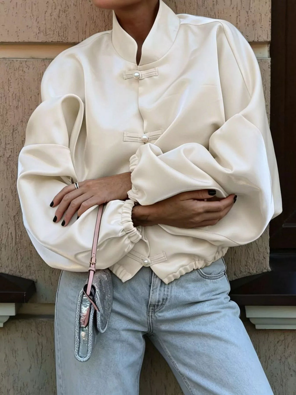 Mandarin Collar Pearl Button Shacket