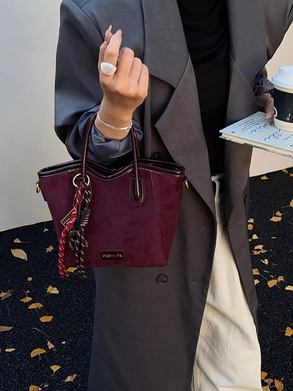 Suede Leather Strap Tote Bag