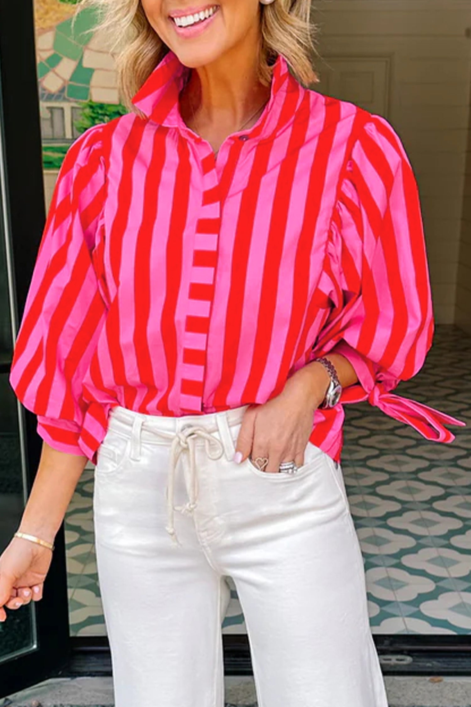 Red Stripe Tie Puff Sleeve Womens Button Down Shirt