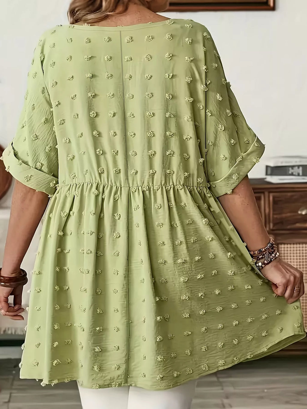 Plus Size Swiss Dot V-Neck Casual Blouse