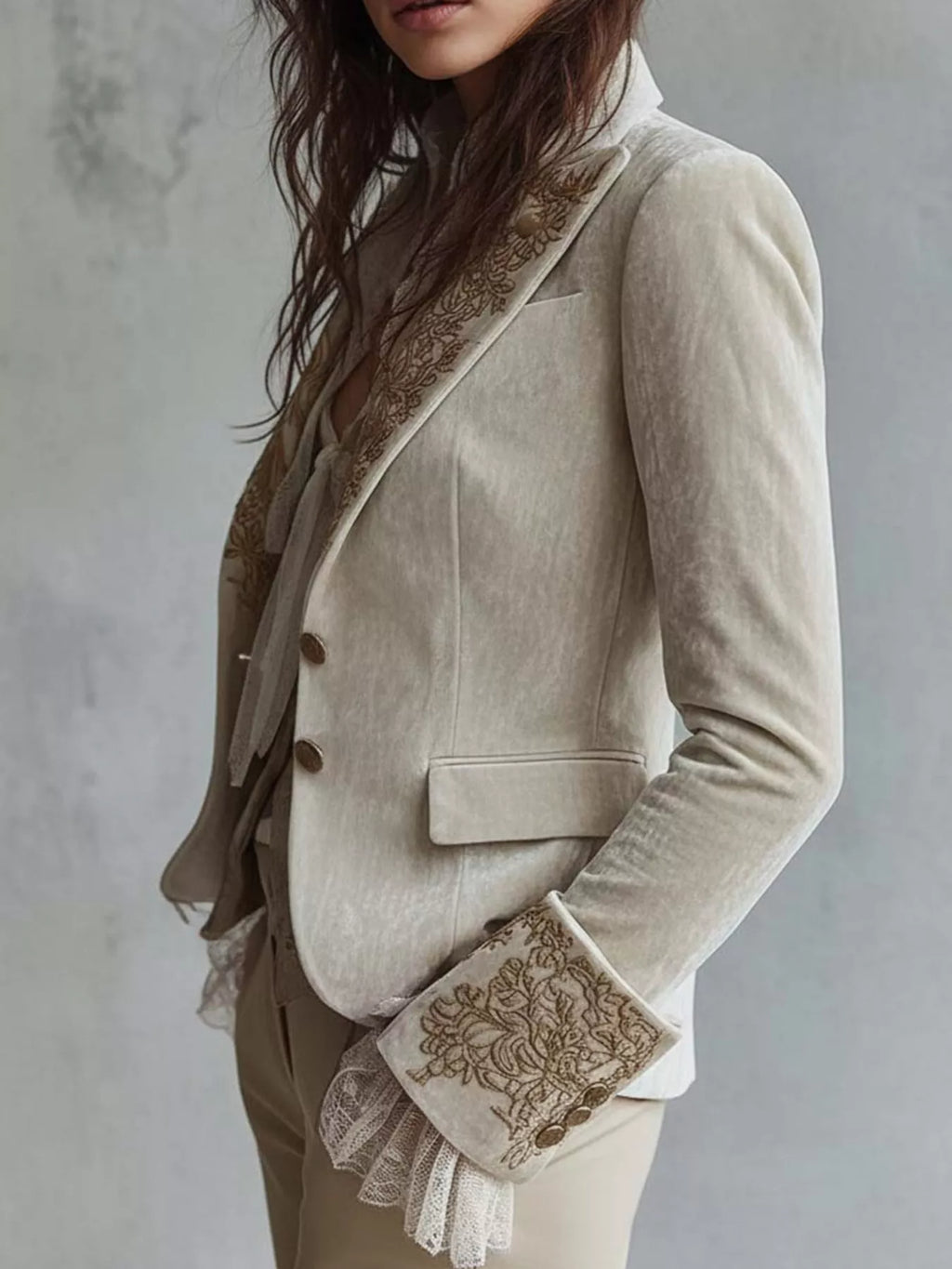 Embroidered Velvet Long Sleeve Blazer