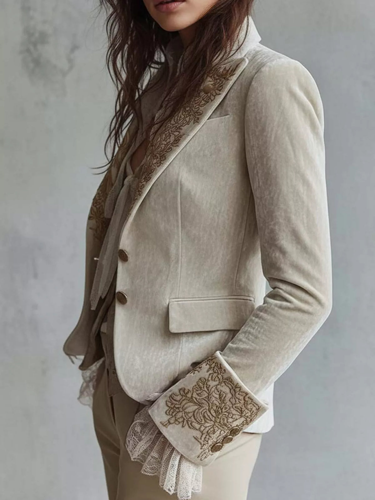 Embroidered Velvet Long Sleeve Blazer