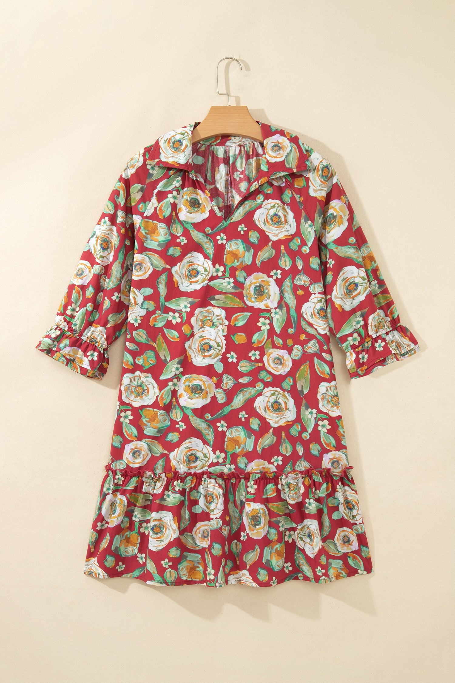 Red Floral Print Half Sleeve Short Shift Dress