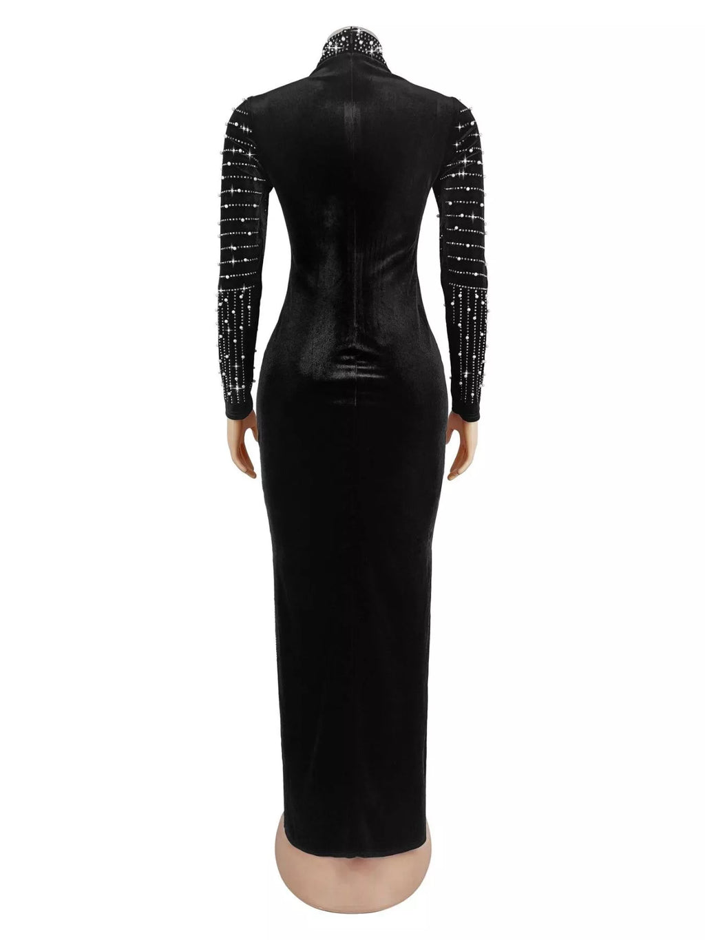 Rhinestone Embellished Mock Neck Long Sleeve Maxi Dress