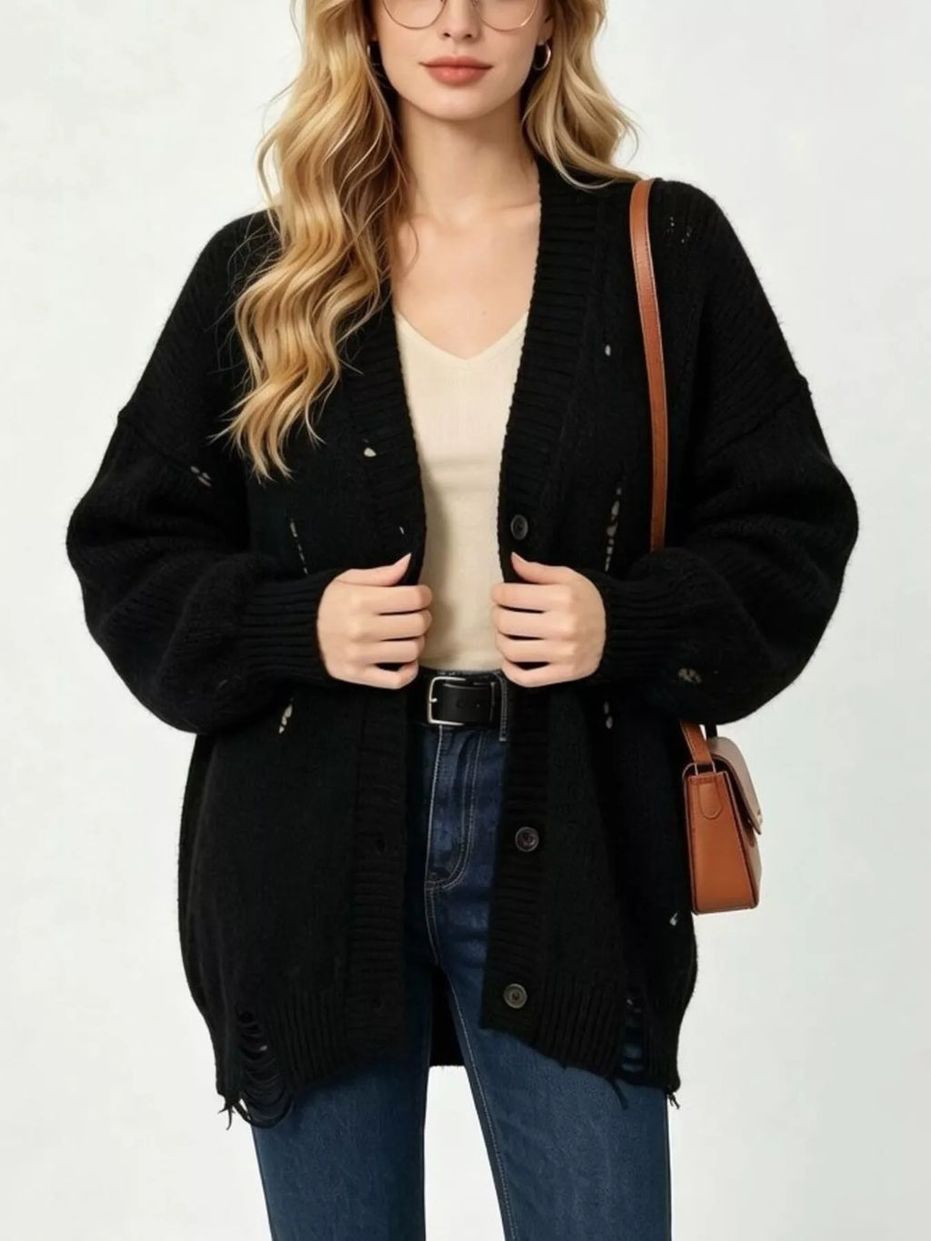 Full Size Distressed Oversized V-Neck Button-Down Cardigan Plus Size
