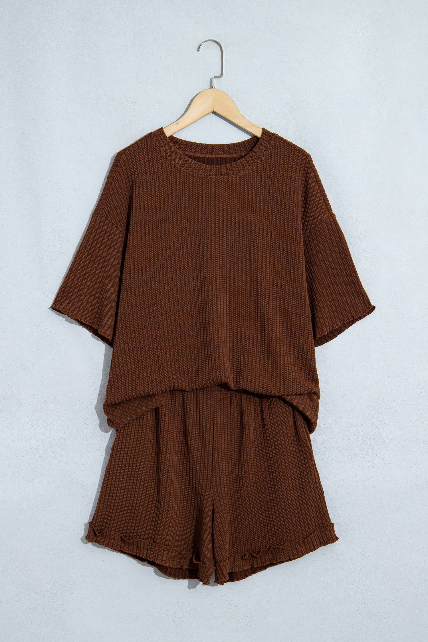 Dark Brown Textured Ribbed Knit Lettuce Trim 2pcs Lounge Set
