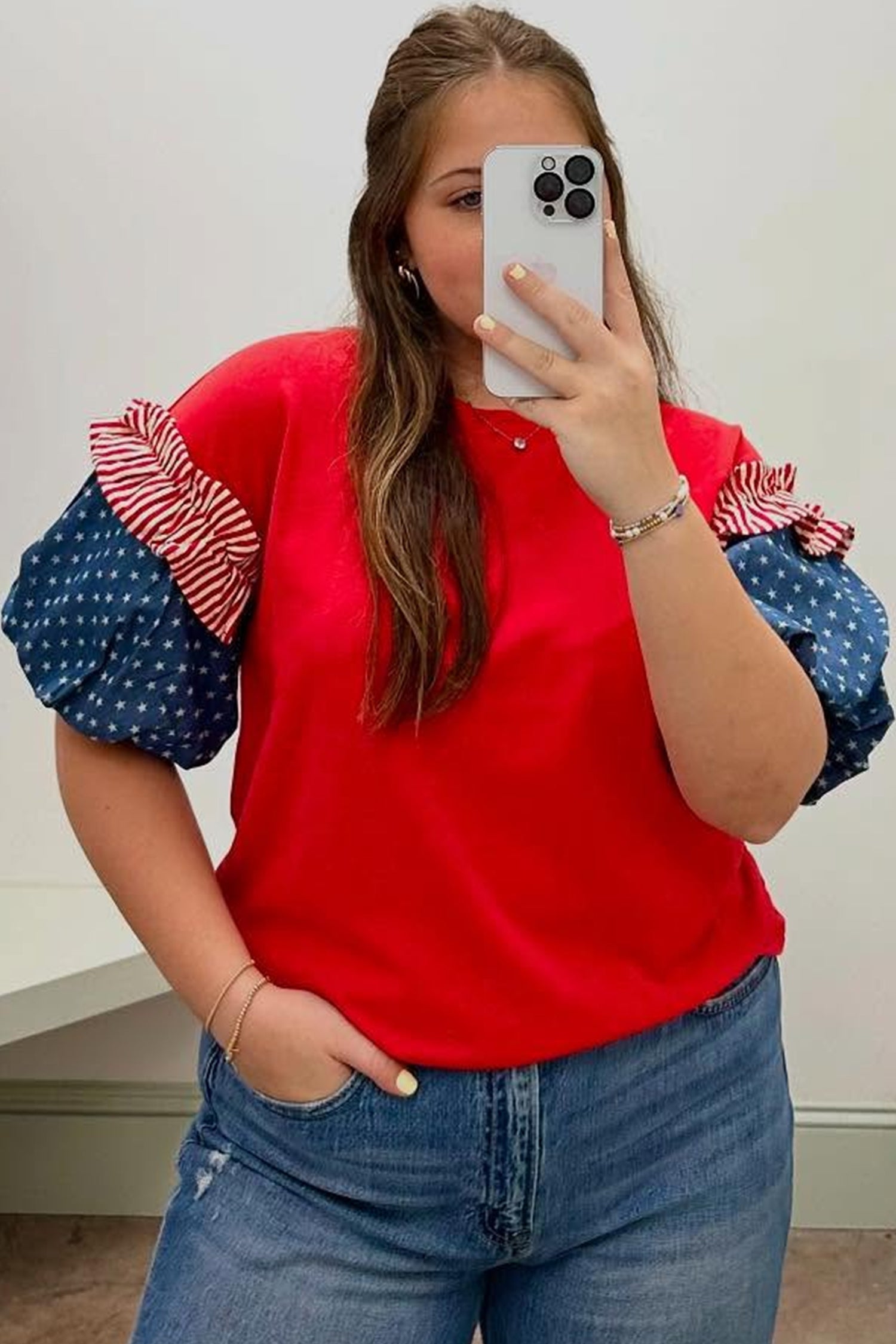 Fiery Red Plus Size Striped Ruffles Star Short Bubble Sleeve Patchwork Top
