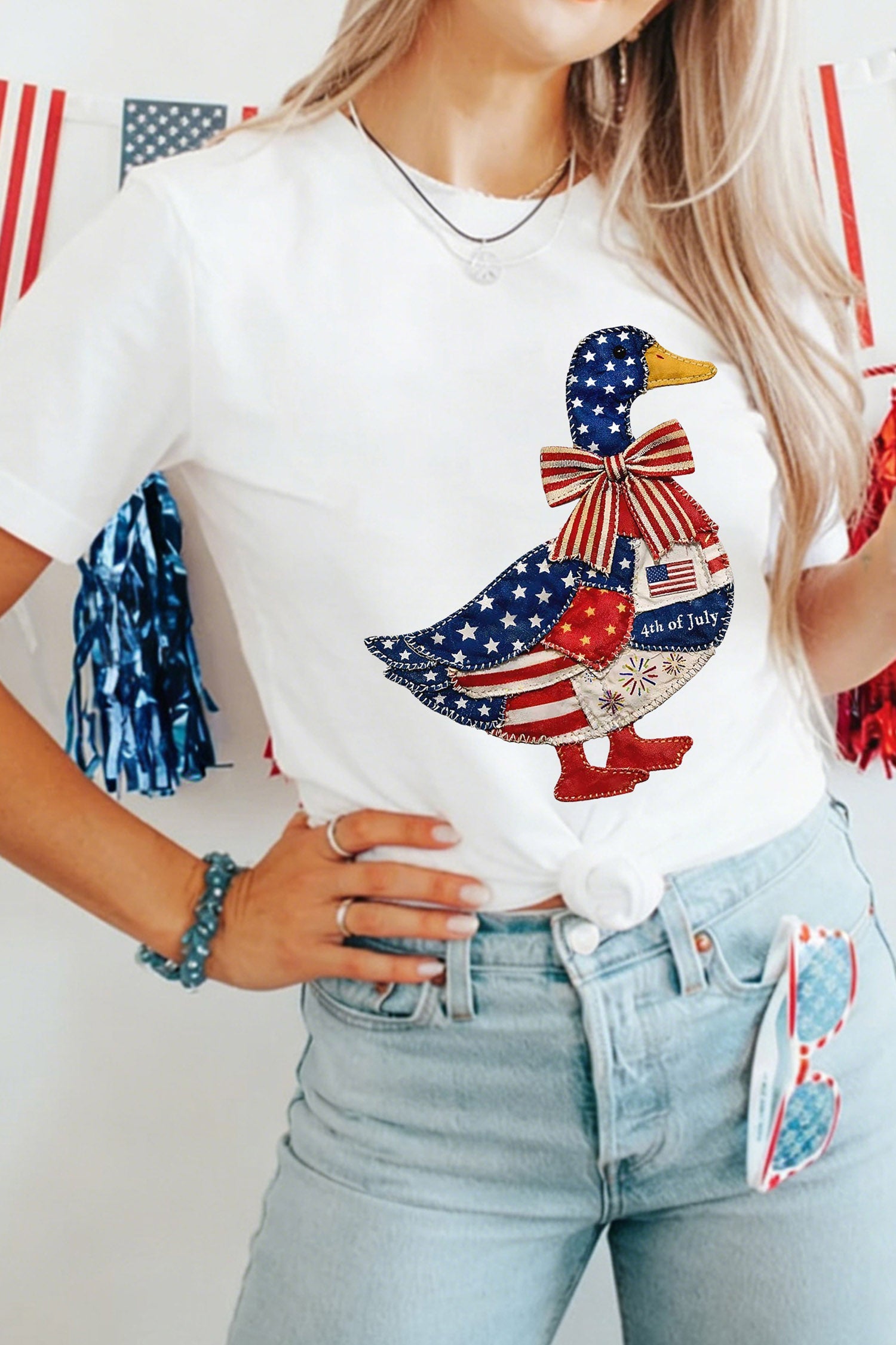 White Patriotic Patchwork Print Duck Graphic Tee