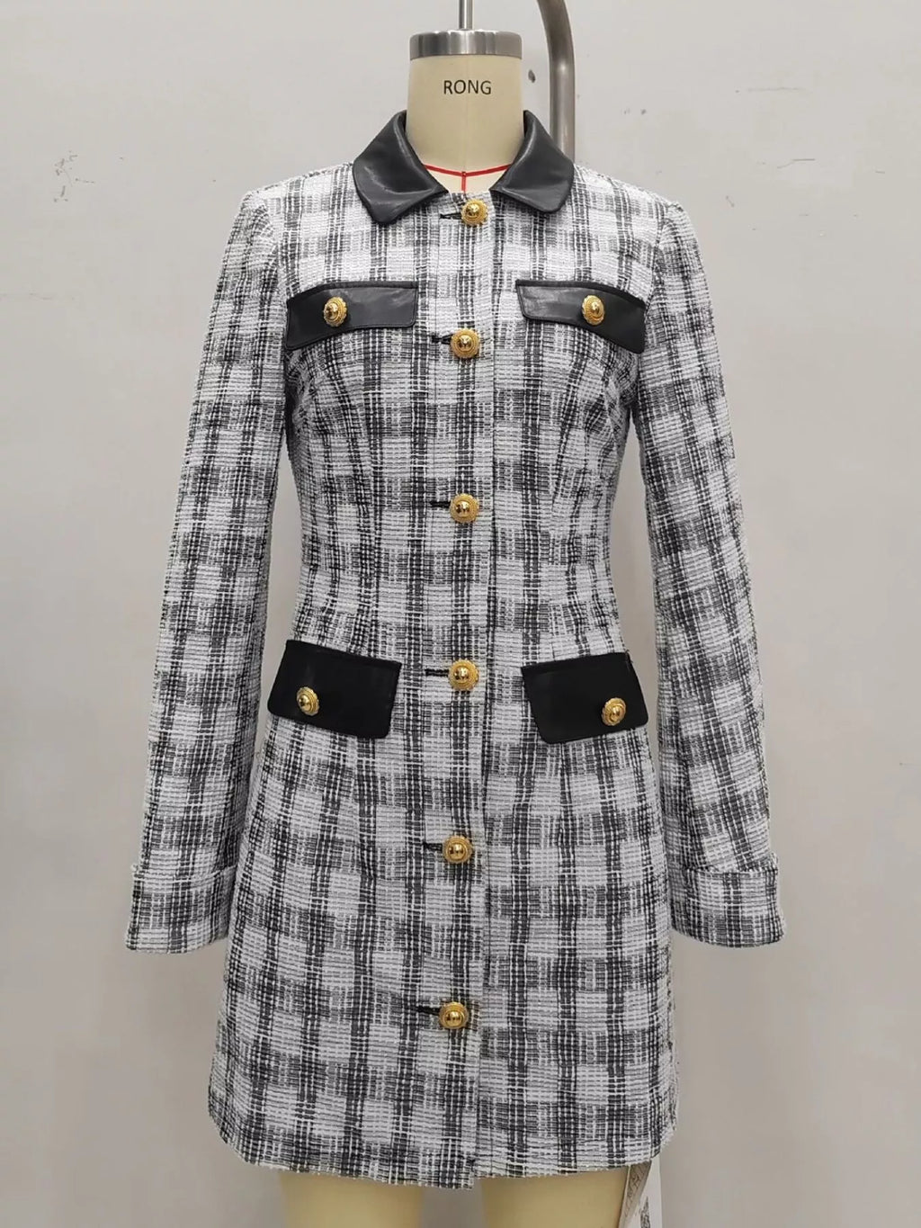 Long Sleeve Plaid Tweed Button-Down Mini Dress